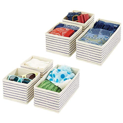 Natural//Cobalt Blue mDesign Soft Fabric Dresser Drawer and Closet Storage Organizer Bins for Bedroom Closet Set of 5 Drawers Stripe Print Dresser Tops